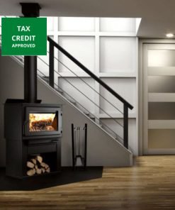 Drolet Deco II Wood Burning Stove burning warmly in a modern living room