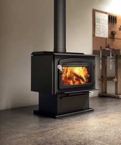 Drolet Escape 2100 Wood Burning Stove installed in a modern living room with warm flames inside