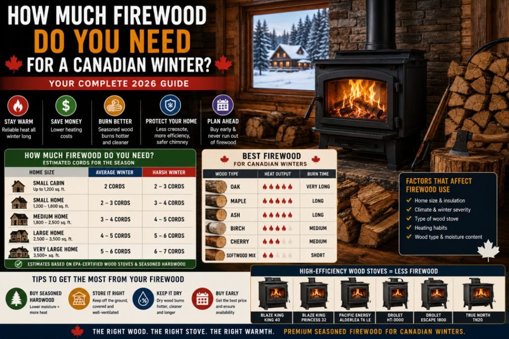 Canadian winter firewood guide showing how much seasoned hardwood firewood is needed for homes, cabins, and wood stoves during winter.