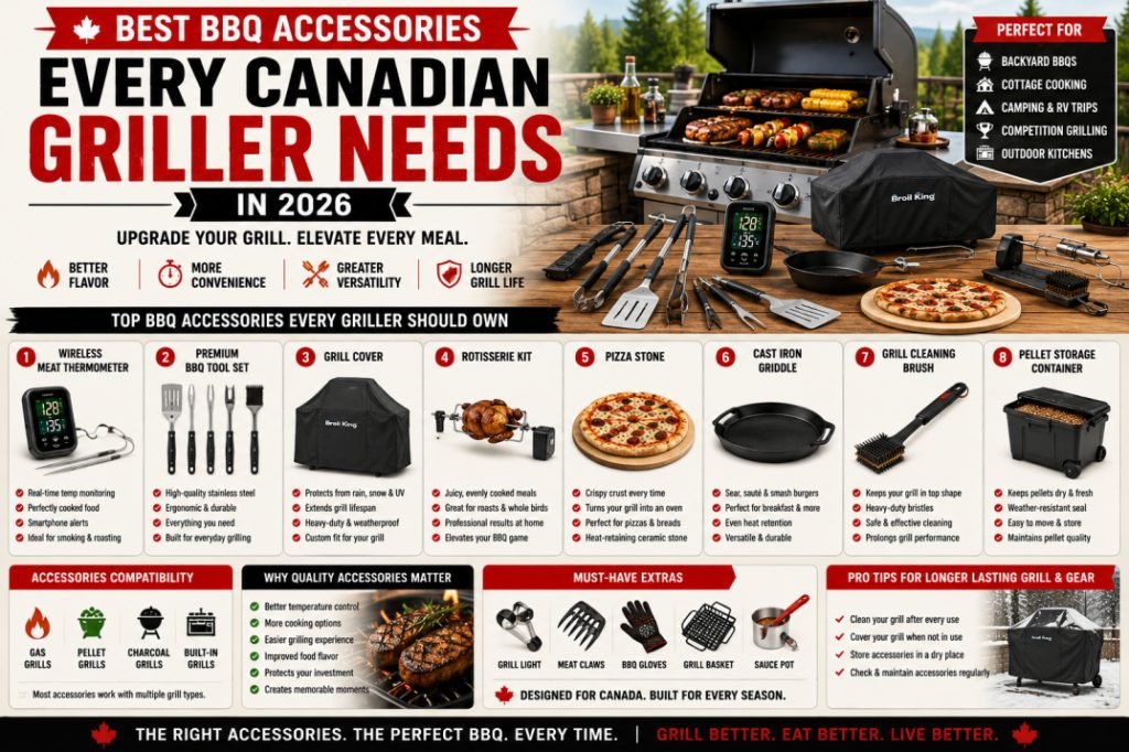 Essential BBQ accessories for Canadian grillers including wireless meat thermometers, grill tool sets, grill covers, pizza stones, and rotisserie kits for outdoor cooking.
