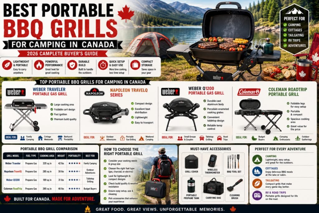 Top portable BBQ grills for camping in Canada featuring compact gas grills designed for camping, cottages, tailgating, and outdoor adventures.