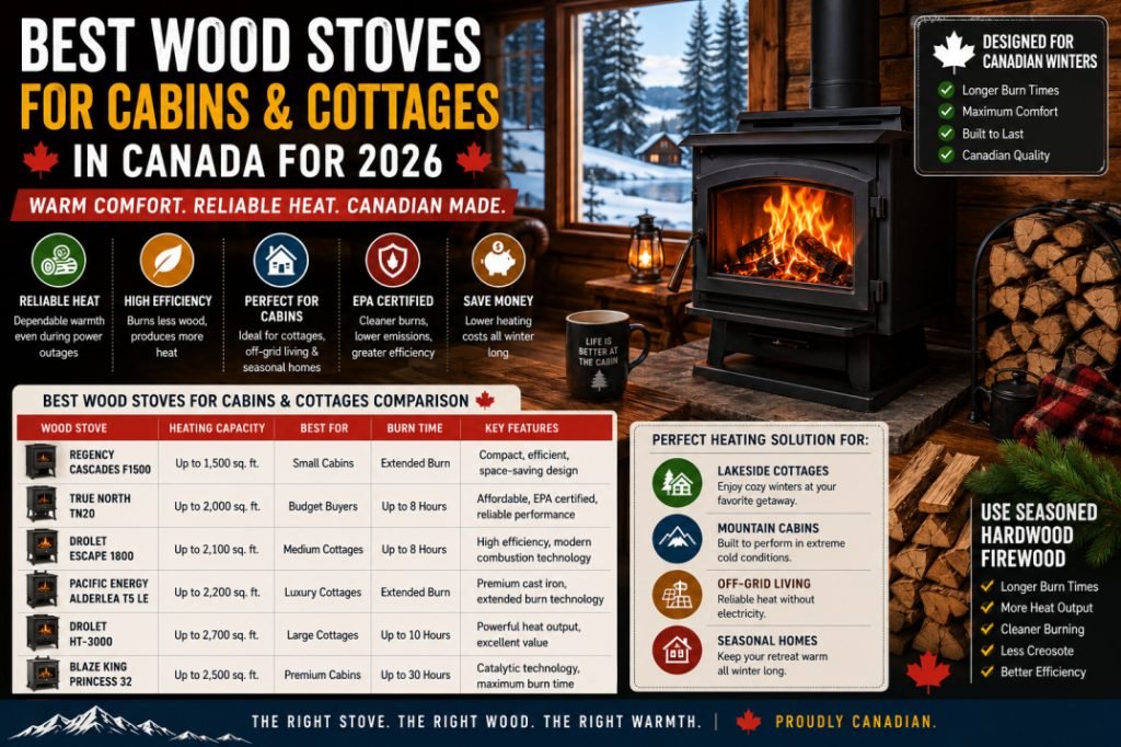 Cozy Canadian cabin featuring a premium wood-burning stove designed for efficient cottage and off-grid winter heating in Canada.