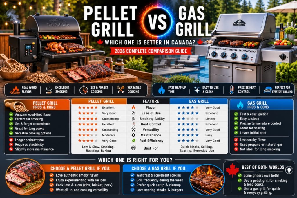 Side-by-side comparison of pellet grills and gas grills for Canadian outdoor cooking, showcasing their features, cooking styles, and performance.