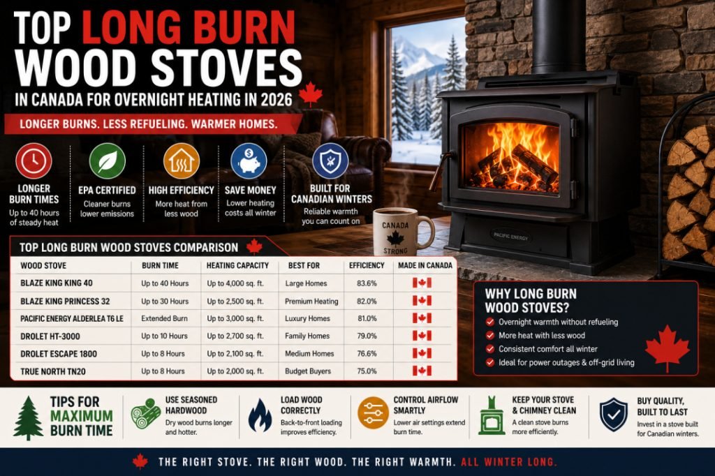 Top long burn wood stoves in Canada displayed inside a cozy Canadian cabin, showcasing premium models designed for overnight heating and maximum fuel efficiency.
