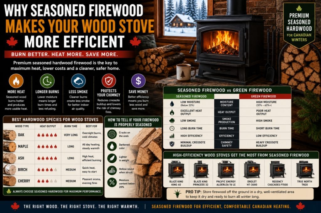 Premium seasoned hardwood firewood burning efficiently inside a modern wood stove in a Canadian home during winter.