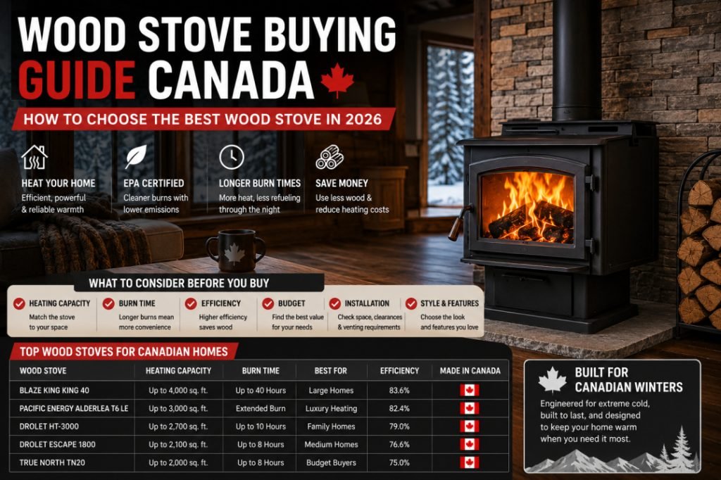 Premium wood stove in a Canadian home featured in the ultimate Wood Stove Buying Guide Canada for efficient winter heating.