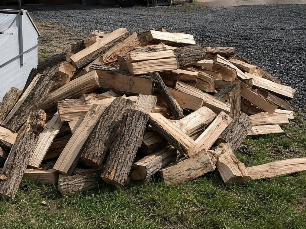 Seasoned ash firewood stacked and ready for home heating in a fireplace or wood stove